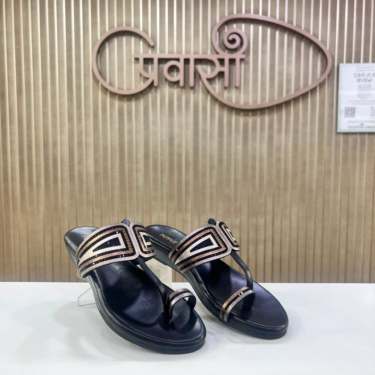 Premium Black & Rose Gold Designer Strap Chappal (Pepper Brand)