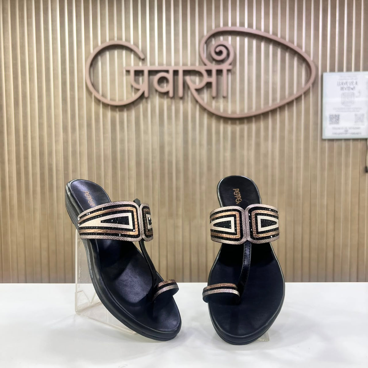 Premium Black & Rose Gold Designer Strap Chappal (Pepper Brand)
