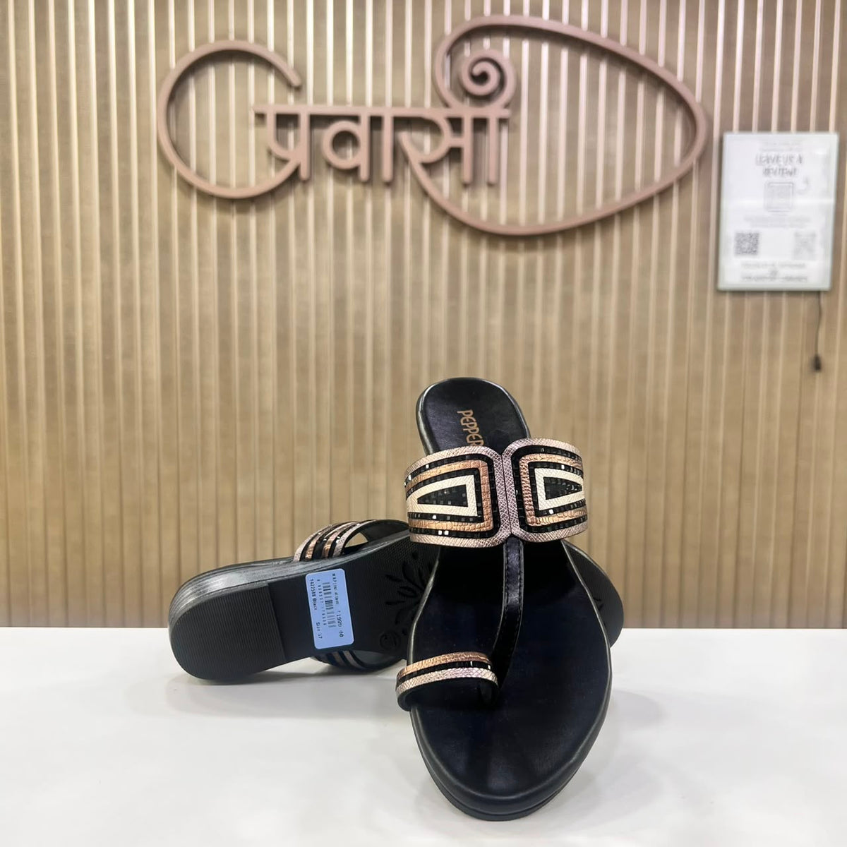 Premium Black & Rose Gold Designer Strap Chappal (Pepper Brand)